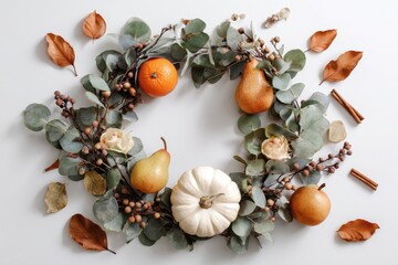 Fototapeta premium Top-down fall centerpiece for web banners: eucalyptus, berry garland, pears and orange/cream pumpkins on white background