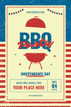 Retro BBQ party poster for 4th of July celebration with grill illustration and patriotic frame. Vintage Independence Day event flyer in Americana style. Vector illustration