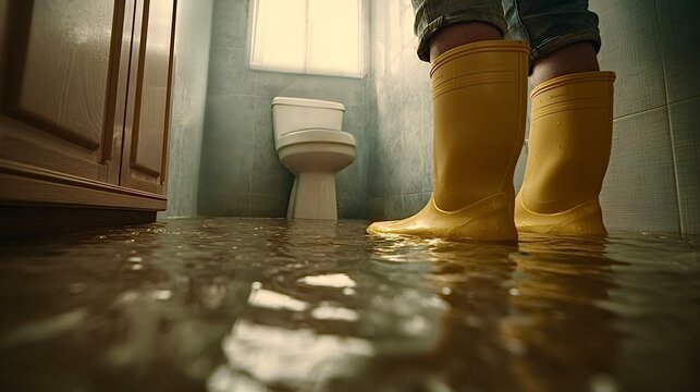 Person wearing yellow boots standing in flooded bathroom