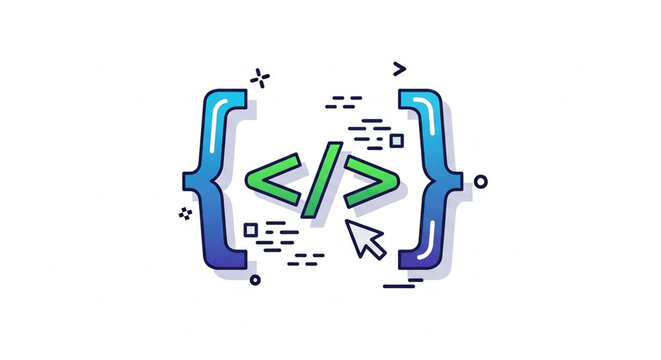 A colorful vector graphic illustration of coding symbols and brackets online