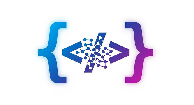 A colorful vector graphic of coding symbols and molecular structures combined