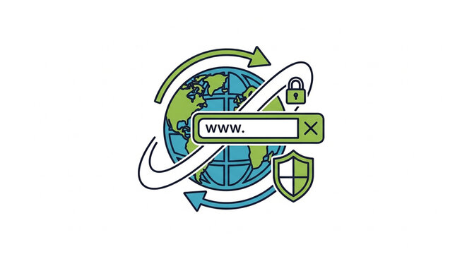 A vector graphic illustration of a globe with a browser and security symbols