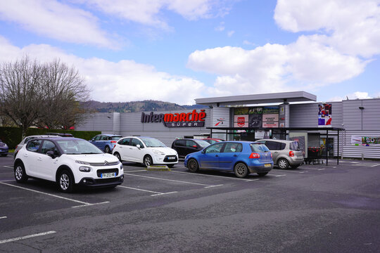 THIERS, FRANCE - MARCH 31, 2026: Intermarche Super supermarket facade and parking lot view