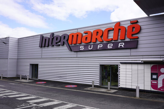 THIERS, FRANCE - MARCH 31, 2026: Close-up of Intermarche Super signage on a modern retail building facade