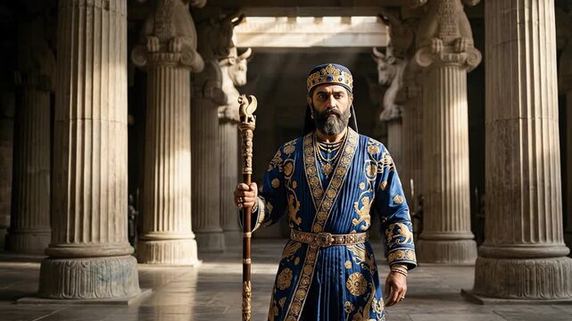 Achaemenid Persian king standing in majestic columned hall of Persepolis wearing royal blue ceremonial robes holding golden scepter representing imperial power and authority