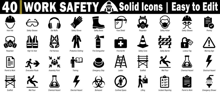 Work safety solid color icons set. Featuring Industrial signage, including a hard hat, face shield, fire extinguisher, and warning signs for the workplace environment vector illustration.