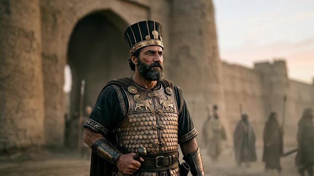 Cyrus the Great Persian warrior king standing before ancient Babylon fortress gates wearing chainmail armor representing historic liberation decree and human rights