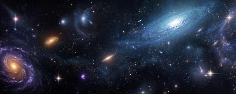 Panoramic view of deep space featuring vibrant spiral galaxies and glowing nebulae across a vast starlit background, concept for scientific education, space exploration and universe research