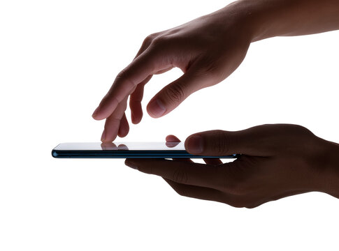 Isolated hands interacting with a modern smartphone, tapping on touch screen interface horizontally
