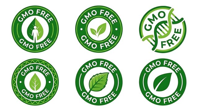 Variety of green gmo free logos on white background