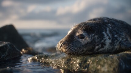 Naklejka premium Seal rests on a rock near water in a coastal area during daylight hours