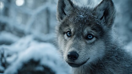 Fototapeta premium Wolf with blue eyes looks at the camera in a snowy forest during winter season in North America