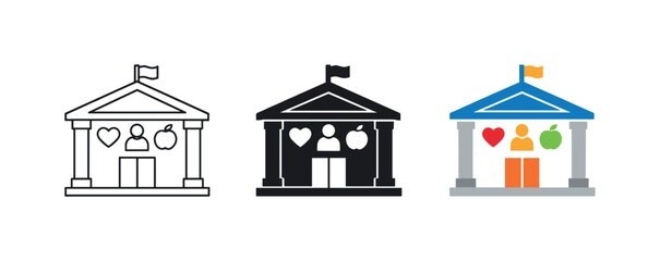 Fototapeta premium Public assistance concept illustrated by matching government service building icons aligned horizontally with identical facade