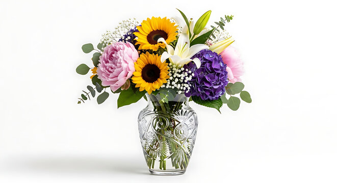 Beautiful bouquet of colorful flowers in a glass vase on white background