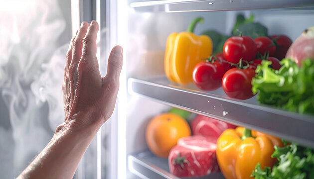 Cool Freshness Unveiled: A hand reaches out, caressing a cold embrace. An open refrigerator reveals a cornucopia of vibrant produce, their freshness radiating a healthy appeal.