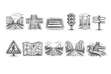 Naklejka premium Collection of hand-drawn urban road and navigation icons for design projects