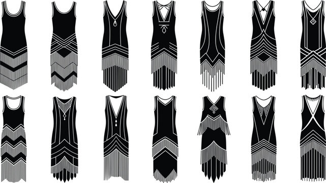 Professional 1920s Flapper Dress Silhouettes Vector Set Featuring Vintage Gatsby Style Fringe Gowns for Fashion and Retro Party Designs