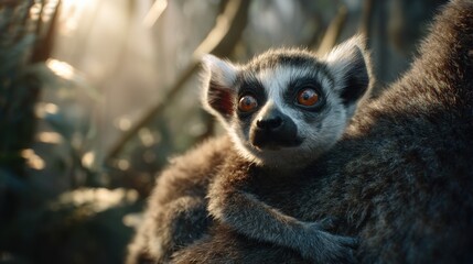 Fototapeta premium Lemur rests on the back of another in a forest during daylight hours