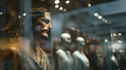 Fototapeta premium Statue of Jesus displayed in a storefront with mannequins around in an urban setting during daylight hours