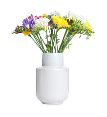 Fototapeta premium Bouquet of colorful freesia flowers in vase isolated on white