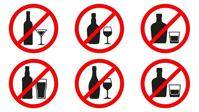 Set of no alcohol prohibition signs with red prohibition symbols showing crossed out wine bottles and glasses in various designs for restricted beverages and banned alcoholic drinks