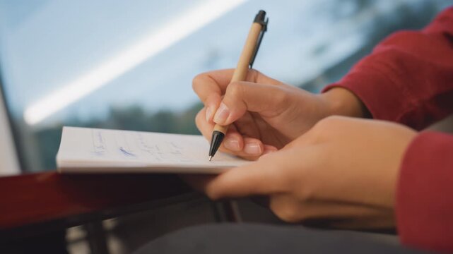 Student notes cafe. Focused student diligently taking notes in bustling urban coffeehouse environment. Individual carefully jotting down information during study session in lively city cafe setting