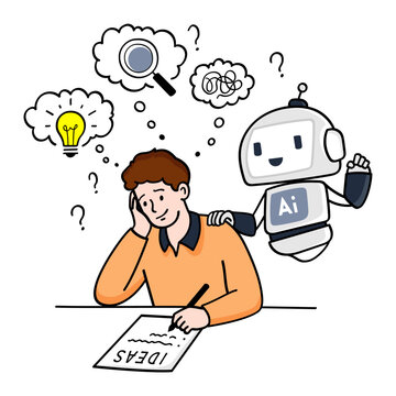 A vector illustration and icon of an AI robot helping a man in a brainstorming session, the man is noting down ideas on paper. Clean style, hand-drawn vector illustration.