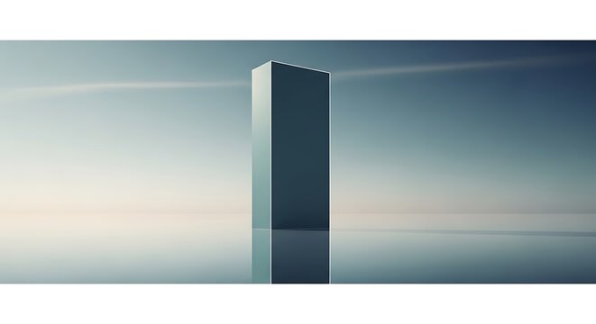 A tall rectangular prism stands alone in a serene landscape with a gradient sky and calm water reflecting its base.