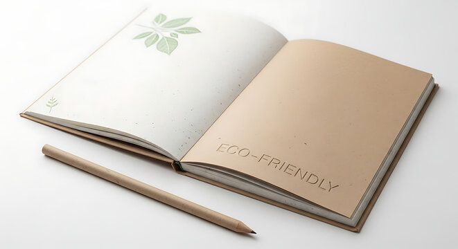 Eco friendly notebook and pencil on white background with leaf design