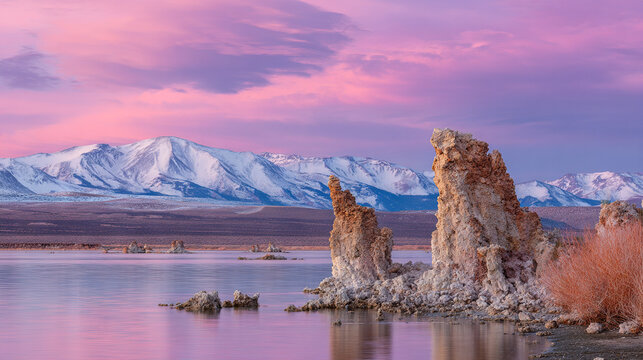 Dramatic Sunrise Over Snow-Capped Mountains and Geothermal Tufa Towers