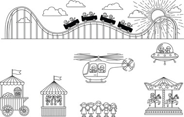Fototapeta premium Black and white amusement park illustration, roller coaster, carousel, helicopter, flying saucer, popcorn cart, toy booth, children, fun entertainment design