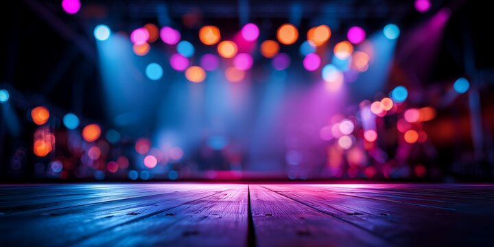 Empty wooden stage floor with vibrant colorful bokeh lights and spotlights in a dark theater background, concept for music concert, live performance and entertainment show presentation