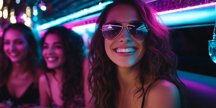 Smiling female marketing executives wearing sunglasses inside a luxury limousine with vibrant pink and blue neon lights, concept for networking event, corporate celebration and advertising