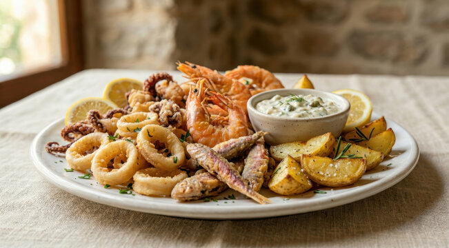 Fritto misto di mare con calamari gamberi e paranza servito con patate al forno limone e salsa tartara. Generative AI 
