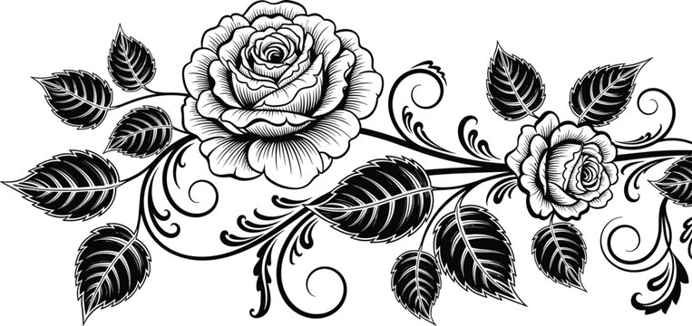 Black and white rose illustration, floral vine with leaves, decorative swirl design, romantic tattoo art, minimalist nature concept, elegant flower symbol