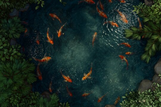 Top view of orange koi fish swimming in deep blue pond with green pine foliage and stones, concept for zen meditation background, aquatic nature illustration and feng shui decoration