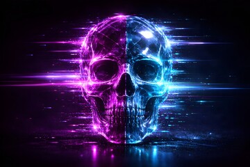 Obraz premium Half blue and half pink neon skull with motion light streaks on dark background, futuristic cyberpunk concept representing digital mortality and virtual identity