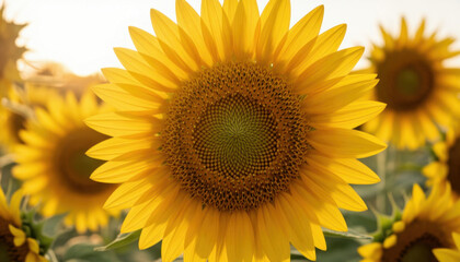 Obraz premium A vibrant sunflower stands prominently, surrounded by a field of sunflowers. These sunflowers bask in the sunlight, showcasing their yellow petals and intricate centers.