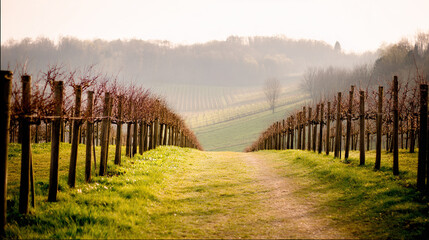Obraz premium Dried Vineyard Vines with Pathway Leading to Rolling Hills at Sunrise