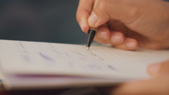 Person making decisive legal contract signature. Closeup of hand signing official legal paper during meeting. Individual carefully signing formal legal document in business environment