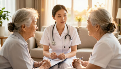 Obraz premium A female doctor engages in a discussion with two elderly women. The doctor listens attentively to their concerns in a well-lit, comfortable room.