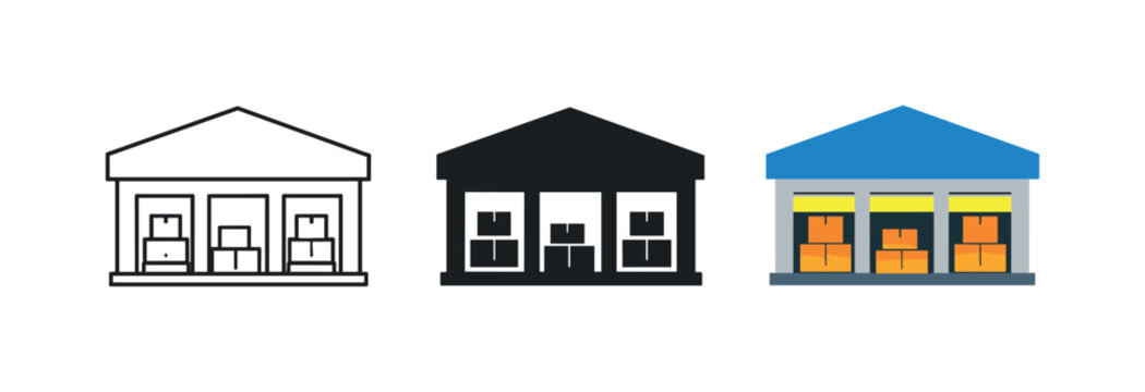 Inventory control concept illustrated by matching warehouse building icons aligned horizontally with identical roofline shape and