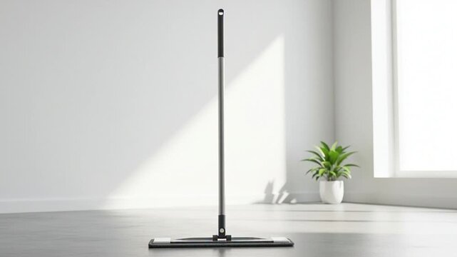 Modern minimalist vacuum cleaner on clean gray floor with natural light