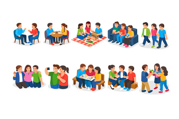 Fototapeta premium Diverse groups of friends enjoying various social activities together in a stylized illustration