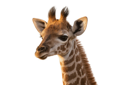 Isolated adorable baby giraffe portrait looking left with natural brown spots and ossicones