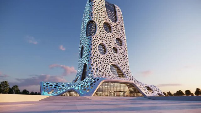 Futuristic Skyscraper with Organic Parametric Facade and Blue Sky