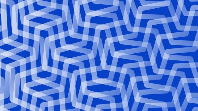 Interwoven blue and white zigzag patterns forming dynamic geometric motion. Seamless abstract design with shifting layers and optical depth effect. Seamless looping animation.