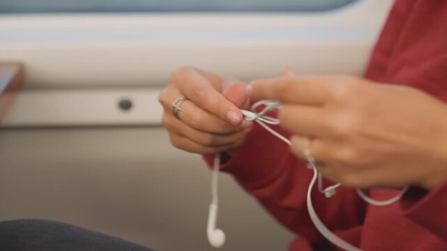 Person carefully untangles headphones. Meticulous individual slowly unties knotted white earphones on lap. Careful person methodically untangles tangled white earbuds resting gently on their lap