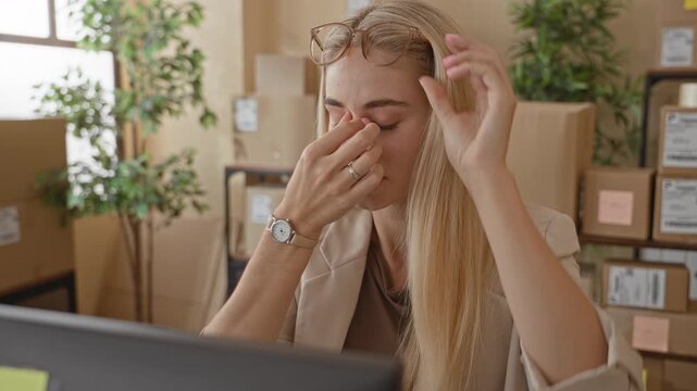 Woman pinches bridge of nose with hand and glasses on head, packages and cardboard boxes stacked around a building office; stress small business.