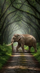 Fototapeta premium A large bull elephant with long tusks crossing a dirt path in a mystical, foggy forest with arching green trees forming a natural tunne